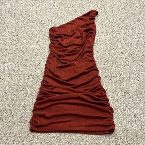 Lucy in the Sky Ruched One Shoulder Mini Dress Rust Red Sz XS